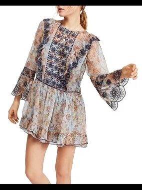 Free People Country Roads Floral Embroidered Mini Dress Size L